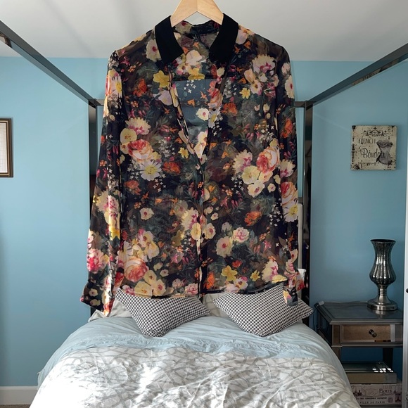 Mango MNG Collection Floral Sheer Transparent Button Down Blouse Shirt Sz Medium - Picture 2 of 7